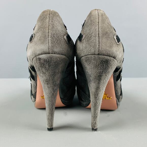 PRADA Size 5 Grey Black Suede Aplique Platform Pumps - Picture 3 of 7